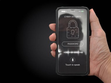Giriş ve şifre, akıllı telefondan ses komutunu kullanarak hesabına girmek için bir şifre dolduran bir adam. Siber güvenlik, veri koruması, güvenli internet erişimi ve siber güvenlik kavramları.