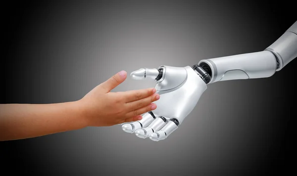 Robot and human, hands touch and connect. Smart AI, Machine learning, Chatbot concepts. Artificial Intelligence for science, education, business, innovation, and technology.