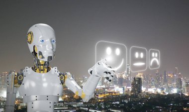 A smiling AI robot becomes sentient and conscious. Artificial, machine, or synthetic consciousness. Ai's hand points at its current mood with a night city view in the background. Technology and Science clipart