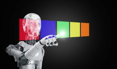 AI robot becomes sentient and conscious. Artificial, machine, or synthetic consciousness. Ai's hand points at or chooses the color he or she prefers. clipart