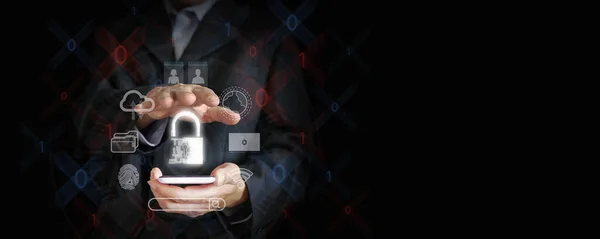 Secure Your Online World Businessman Hand Wields Smartphone Virtual Padlock — Stock Photo, Image