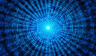 İkili Kod arkaplanı, mavi arkaplandaki bir kaybolma noktasına giden hız çizgileri olarak sıfır ve bir sayı dizisi. Bilgisayar matrisinin numaraları. Kodlama ve siber güvenlik kavramı 