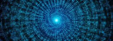 İkili Kod arkaplanı, mavi arkaplandaki bir kaybolma noktasına giden hız çizgileri olarak sıfır ve bir sayı dizisi. Bilgisayar matrisinin numaraları. Kodlama ve siber güvenlik kavramı 