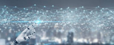 Bir İnsansı Yapay Zeka Robotunun Parmağı Metaverse Dijital Dünya 'ya Dokunuyor - Devrimsel Dijital Dönüşüm ve Otomatik Yapay Zeka Teknolojisi Arkaplanı