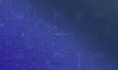 Dinamik Mavi Elektronik Devre Örnekleri: Dağılmış Küçük Yüzen Noktalar Odak Noktaları Odaklanıyor. Küçük Parçacık Elementleri ile Teknoloji Arkaplanı