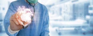 Kardiyolog, Sanal Arayüz Kullanılarak Hastanın Kalp Fonksiyonları ve Kan Damarlarını Değerlendiriyor: Kardiyovasküler Bozukluk ve Hastalıkların Doğru Teşhisi için Gelişen Tıbbi Teknoloji.