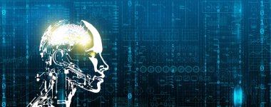 Yapay Zeka 'dan İş Analizi ve Veri Yönetimi Sistemi. Bir İnsansı Robot, Yapay Zeka, İş Verilerini Analiz Ediyor, Grafikler, Haritalar, Veritabanı Veritabanı, Operasyonlar, Satış, Pazarlama