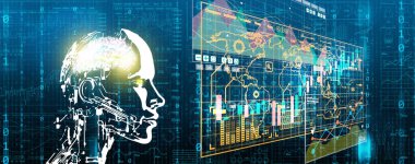 Yapay Zeka 'dan İş Analizi ve Veri Yönetimi Sistemi. Bir İnsansı Robot, Yapay Zeka, İş Verilerini Analiz Ediyor, Grafikler, Haritalar, Veritabanı Veritabanı, Operasyonlar, Satış, Pazarlama