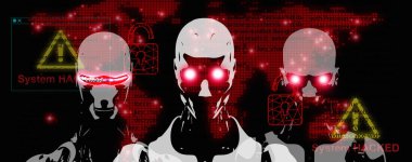 AI is a threat to humans. Artificial Intelligence, godlike, has the potential to destroy the human race and extinction risk. Robots with red eyes look at you on a red world map background. clipart