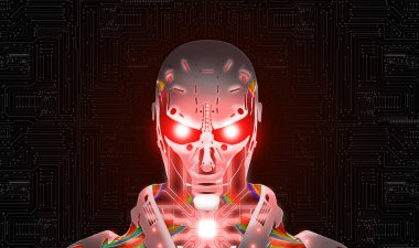 Al insanlar için bir tehdittir. Yapay Zeka, tanrısal olarak, insan ırkını ve yok olma riskini yok etme potansiyeline sahiptir. Kırmızı gözlü robotlar sana elektronik devre arka planında bakıyorlar..