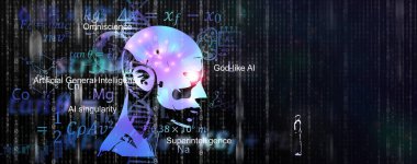 Yapay Genel İstihbarat, AGI konsepti. Yapay zeka her insanın entellektüel görevlerini öğrenip çözebilir. Geniş görüşlü ve her şeyi anlayan insansı robotun tasviri.