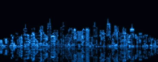 Abstrakt Digital Stadsarkitektur Stadsbild Med Glödande Neonljus Och Reflektion Modern Royaltyfria Stockbilder