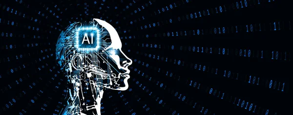 Artificiell Intelligens Digital Hjärna Människa Ansikte Med Kretslopp Binär Kod Stockbild