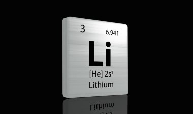 Metal periyodik cetvelde koyu arkaplanda lityum elementleri. 3B oluşturulmuş simge ve illüstrasyon. 