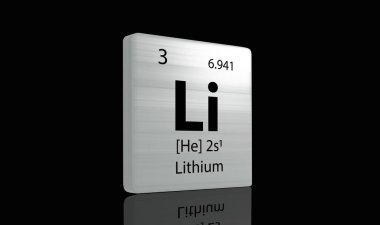 Lithium elements on a metal periodic table on dark background. 3D rendered icon and illustration.  clipart