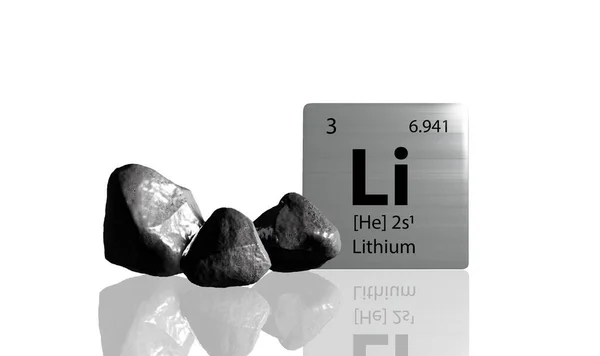 白色の背景に灰色の黒色のリチウムを含む金属周期表上のリチウム元素 3Dレンダリングアイコンとイラスト — ストック写真