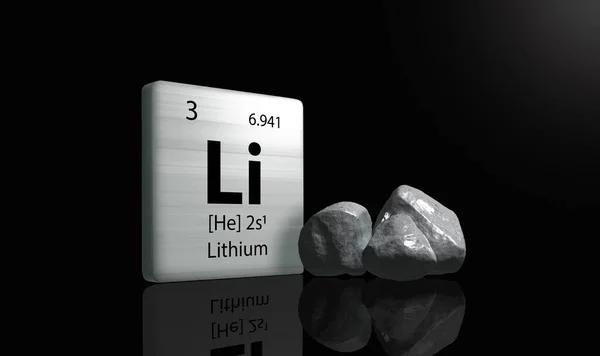 暗い背景に灰色の黒いリチウムと金属周期表上のリチウム元素 3Dレンダリングアイコンとイラスト — ストック写真