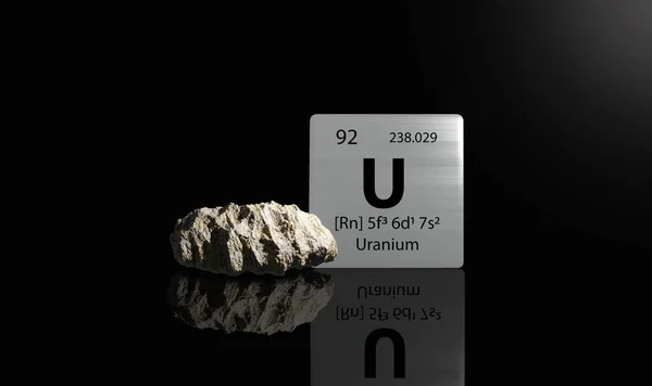 Uranelement Auf Einem Metallischen Periodensystem Mit Gelbgrauem Metamiktischem Uran Auf — Stockfoto