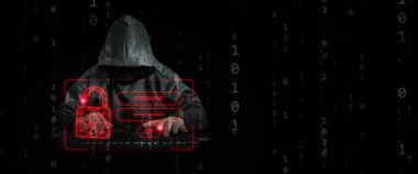 İkili kod arkasında bir hacker, bir veri akışı, kullanıcı adı ve şifrenizi hackleyerek siber güvenliği açar