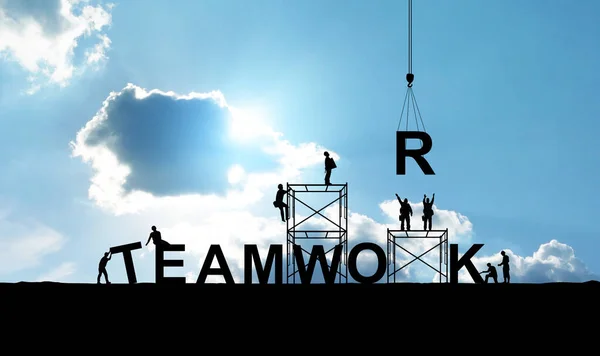 Silhouette Construction Workers Team Working Together Put Letters Word Teamwork — Stock Photo, Image