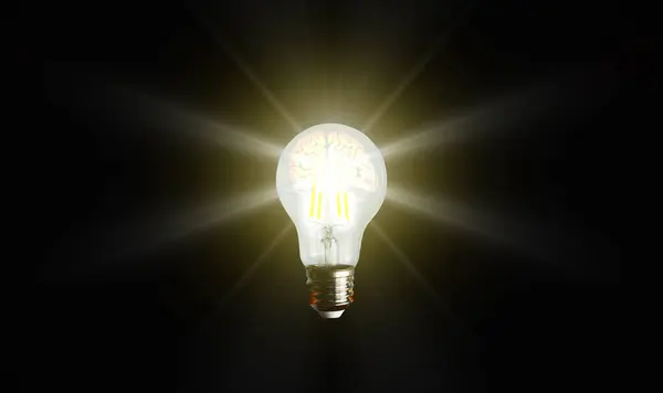 Une Ampoule Éclairée Lumineuse Sur Fond Sombre Représente Nouvelles Idées — Photo