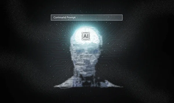 Ai technology. Glowing particles form a virtual graphic shape of human face with brain, circuit pattern, and AI chip. Chat with AI, Artificial Intelligence, through command prompt.