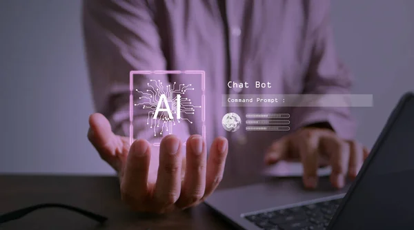 Chat Bot chat with Ai. Virtual graphic of AI tech  and global connection using command prompt to generate outcome. Futuristic business technology transformation