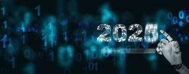 Mutlu yıllar. Yapay zeka, Ai, yeni yıla başlamak, başlamak ve hoşgeldin demek için yılı 2025 'e çeviren robotik el dokunuşu.