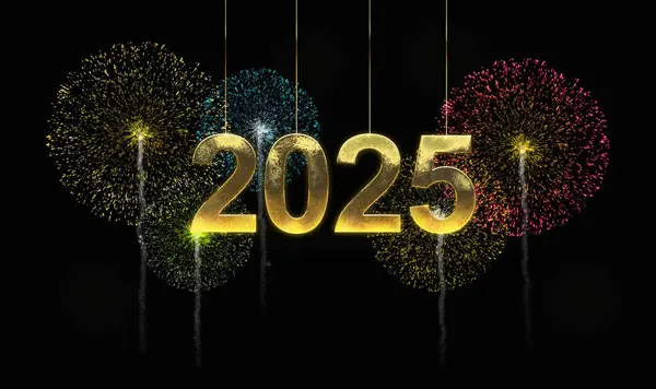 Happy new year 2025. Hanging golden text of 2025 on the night background with fireworks to celebrate and welcome the arrival of the new year with joy and celebration.