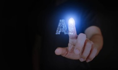 AI, artificial intelligence, a man's hand touching a circuit Ai letters to activate or to use it. clipart