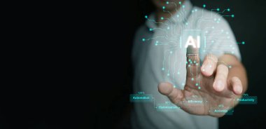 Ai, yapay zekanın etkisi. Bir adam, otomasyon, verimlilik, optimizasyon, doğruluk ve iş, teknoloji, hizmet verimliliğini geliştirmek için yapay zeka ekranını kullanır.
