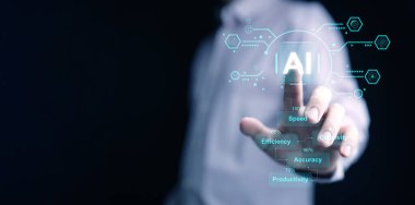 Ai, artificial intelligence, 's impact. A man taps his finger on AI virtual screen using it to improve speed, efficiency, creativity, accuracy, and productivity of his business, technology, service clipart