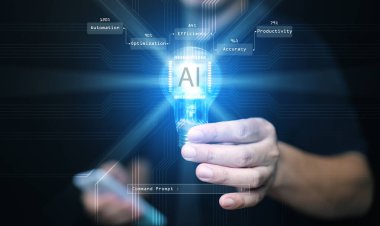 Yapay zeka teknolojisi. Adam ampulü akıllı yapay zeka çipiyle yakıyor ve çalıştırıyor. Üretkenliği, otomasyonu, optimizasyonu ve tüm alanlarda yeni çözümleri geliştirmek için yapay zeka teknolojisi
