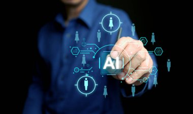 AI technology for HR, Human resources. A man uses artificial intelligence to manage and recruit employees. Automate the hiring process clipart