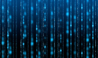 İkili Kod arkaplanı, sıfır dizisi ve mavi arkaplanda bir numara. Bilgisayar matrisinin numaraları. Kodlama, siber güvenlik ve suç kavramı ve kripto para birimi.