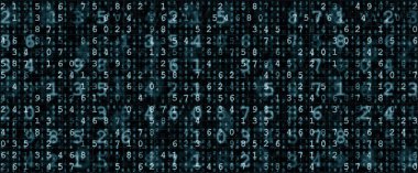 Glowing matrix of abstract numbers on dark screen, representing machine learning, data processing, and digital innovation. Perfect for fintech, software, programming, and virtual systems.