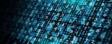 Blue glowing matrix of numbers with digital flow effect, representing machine learning, coding, and information networks. Ideal for IT, finance, cyber security, futuristic digital design.
