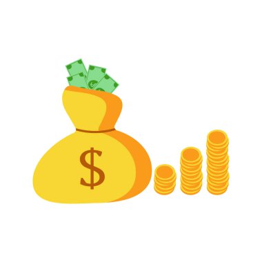 Golden bag with dollars and coins. Vector image