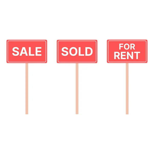 Sale, sold, rent signs set, vector red sign.