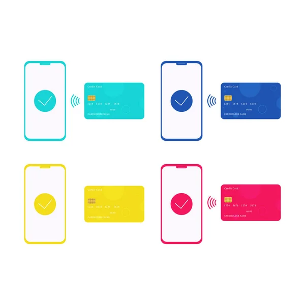 Set of smartphones with credit cards.