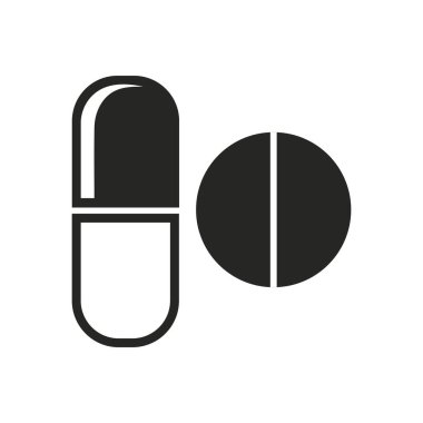 Black capsule and tablet, Pill flat icon isolated on white background. Vector illustration.
