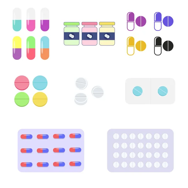 Set of tablets and capsules. Flat icon isolated on white background. Vector illustration.