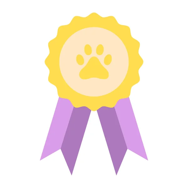 Yellow badge with purple ribbons. Dog paw. Vector illustration