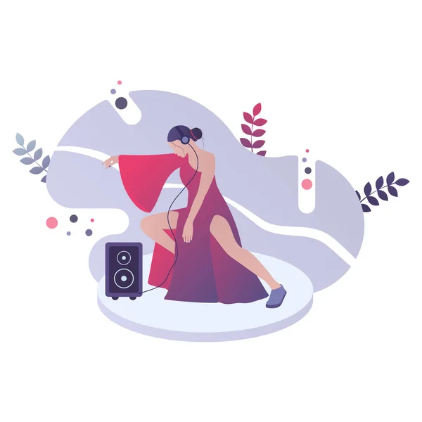 Dancing girl in headphones. Vector flat illustration