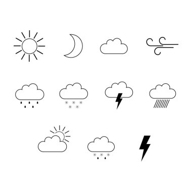 Weather icons. Weather forecast icon set. Clouds logo. Weather , clouds, sunny day, moon, snowflakes, wind, sun day. Vector illustration.