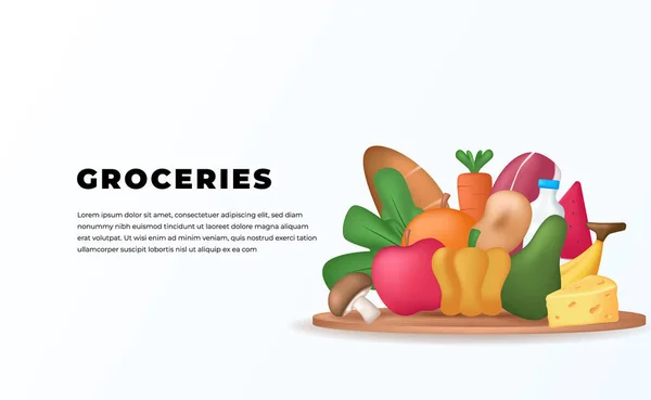Čerstvé Potraviny Zelenina Ovoce Mléko Maso Dřevě Pódium Přírody Nakupování — Stockový vektor