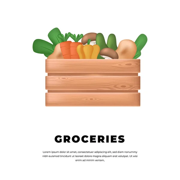 Tienda Comestibles Verduras Frescas Por Menor Caja Madera Almacenamiento Compras — Archivo Imágenes Vectoriales