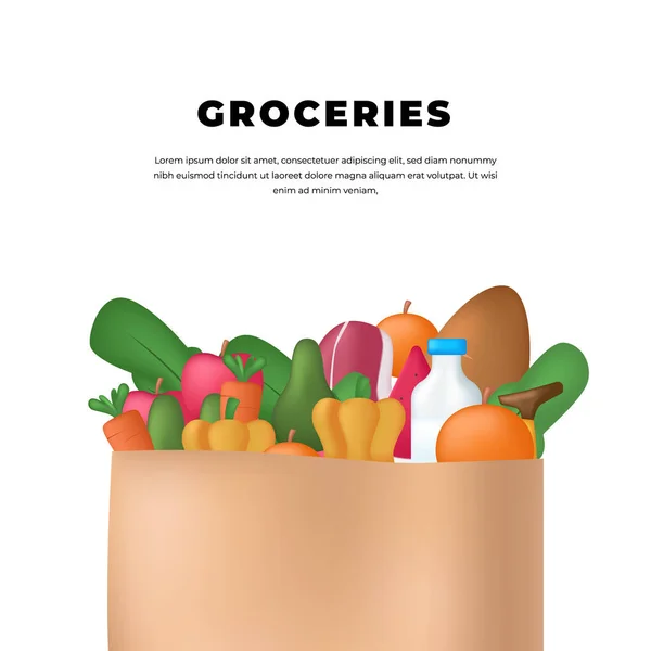 Čerstvé Potraviny Shop Maloobchod Papírovým Sáčkem Dodání Ovoce Zelenina Potravin — Stockový vektor