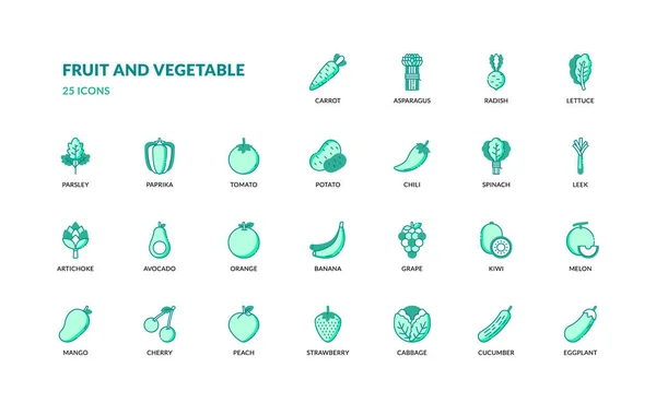 Ovoce Zelenina Potraviny Vegetariánské Potraviny Potraviny Podrobné Tenké Linky Zelená — Stockový vektor