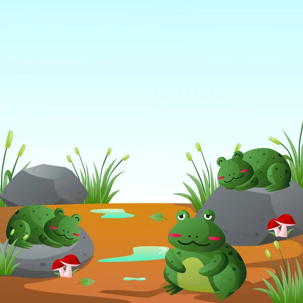 カエルのキャラクター漫画の風景環境湿地熱帯 — ストックベクタ